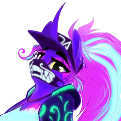 Size: 1300x1300 | Tagged: safe, alternate version, artist:alrumoon_art, derpibooru import, starlight glimmer, anthro, unicorn, akali, baseball cap, bust, cap, clothes, collaboration, collaboration:choose your starlight, ear piercing, face mask, hat, image, jewelry, k/da, looking at you, mask, necklace, neon, piercing, png, ponytail, portrait, simple background, solo, transparent background