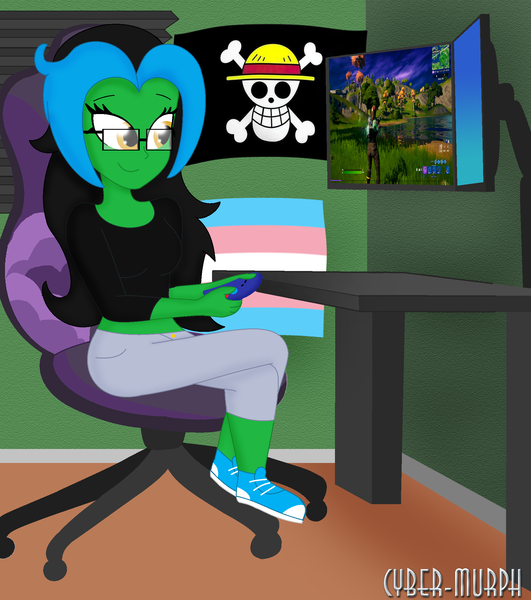 Size: 1896x2141 | Tagged: safe, artist:cyber-murph, derpibooru import, oc, oc:lightning spirit, equestria girls, chair, commission, flag, fortnite, gaming, glasses, highlights, image, one piece, png, pride, pride flag, recording studio, signature, sitting, transgender pride flag, video game