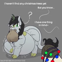 Size: 4000x4000 | Tagged: suggestive, artist:owloffortune, derpibooru import, oc, oc:gesr, oc:paper cream, kirin, pony, dialogue, fat, garland, image, kirin oc, large belly, morbidly obese, obese, offscreen character, png, pov, stomach noise, stuffed belly