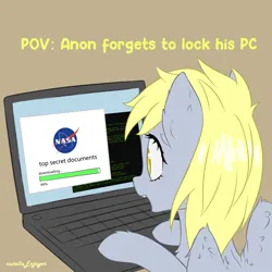 Size: 2000x2000 | Tagged: safe, artist:nutellaenjoyer, derpibooru import, derpy hooves, pegasus, pony, computer, espionage, hacking, happy, image, laptop computer, looking at something, nasa, open mouth, partially open wings, png, solo, watermark, wings