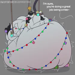 Size: 4000x4000 | Tagged: suggestive, artist:owloffortune, derpibooru import, oc, oc:gesr, kirin, pony, belly, big belly, bondage, dialogue, fat, force feeding, garland, huge belly, image, impossibly large belly, inflation, kirin oc, large belly, morbidly obese, obese, offscreen character, png, present, stomach noise, stuffed belly, weight gain