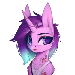 Size: 2398x2398 | Tagged: safe, artist:justafallingstar, derpibooru import, starlight glimmer, ponified, pony, semi-anthro, unicorn, bust, clothes, collaboration, collaboration:choose your starlight, collarbone, cyberpunk 2077, female, image, lipstick, looking at you, mare, png, portrait, simple background, solo, sternocleidomastoid, tattoo, transparent background