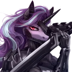 Size: 2000x2000 | Tagged: safe, artist:sparkling_light, derpibooru import, starlight glimmer, anthro, cyborg, unicorn, bust, collaboration, collaboration:choose your starlight, glow, glowing eyes, image, knife, metal gear, metal gear rising, png, portrait, simple background, solo, transparent background