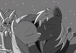 Size: 1024x720 | Tagged: safe, artist:konfettimayhem, derpibooru import, angel bunny, big macintosh, fluttershy, earth pony, pegasus, pony, rabbit, animal, basket, black and white, blushing, eyes closed, female, fluttermac, freckles, grayscale, image, jpeg, kiss on the lips, kissing, male, mare, monochrome, night, shipping, smiling, stallion, stars, straight