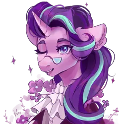 Size: 4000x4000 | Tagged: safe, artist:wiz, derpibooru import, snowfall frost, starlight glimmer, pony, unicorn, bust, clothes, collaboration, collaboration:choose your starlight, female, glasses, image, mare, one eye closed, png, portrait, simple background, solo, transparent background