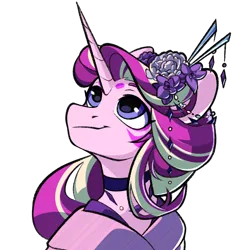 Size: 1700x1700 | Tagged: safe, artist:dodsie, derpibooru import, starlight glimmer, pony, unicorn, bust, collaboration, collaboration:choose your starlight, female, flower, flower in hair, image, mare, png, portrait, simple background, solo, transparent background