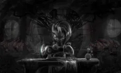 Size: 3690x2207 | Tagged: safe, artist:ciborgen, derpibooru import, rarity, pony, unicorn, alan wake 2, black and white, film grain, grayscale, high res, image, looking at you, monochrome, narrowed eyes, png, sewing machine, solo