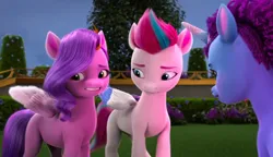 Size: 2323x1336 | Tagged: safe, derpibooru import, screencap, pipp petals, zipp storm, g5, my little pony: make your mark, spoiler:g5, spoiler:my little pony: make your mark, spoiler:my little pony: make your mark chapter 6, spoiler:mymc06e03, blank flank, empathy, garden, hedge, image, jpeg, lighting, misty brightdawn, my little pony: make your mark chapter 6, rebirth misty, roots of all evil