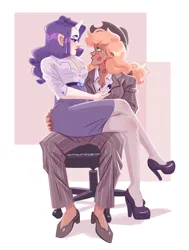 Size: 1077x1423 | Tagged: safe, artist:irisikiki, derpibooru import, applejack, rarity, human, alternate hairstyle, applejack's hat, bedroom eyes, belt, chair, clothes, cowboy hat, dark skin, duo, eyeshadow, female, freckles, hat, high heels, horn, horned humanization, humanized, image, jpeg, kiss mark, lesbian, lipstick, looking at each other, looking at someone, makeup, nail polish, office chair, pants, rarijack, shipping, shirt, shoes, sitting on lap, skirt, socks, stockings, suit, thigh highs