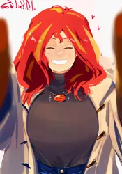 Size: 1400x2000 | Tagged: safe, artist:sozglitch, derpibooru import, sunset shimmer, human, big breasts, breasts, busty sunset shimmer, clothes, coat, cute, eyes closed, floating heart, geode of empathy, grin, heart, huge breasts, humanized, image, incoming hug, jpeg, looking at you, magical geodes, shimmerbetes, simple background, smiling, smiling at you, solo, white background
