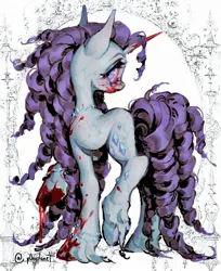 Size: 1668x2048 | Tagged: semi-grimdark, artist:p0nyplanet, derpibooru import, rarity, pony, unicorn, abstract background, blood, blood on face, bloodshot eyes, bracelet, curly hair, curly mane, female, full body, gem, image, jewelry, jpeg, long mane, looking at you, mare, necklace, rear view, solo, unshorn fetlocks, vein