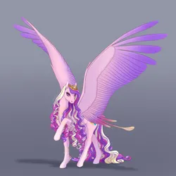Size: 2048x2048 | Tagged: safe, artist:eljesala, derpibooru import, princess cadance, pegasus, pony, colored wings, crown, curly mane, curly tail, feathered fetlocks, female, gradient background, gradient wings, high res, hoof fluff, image, jewelry, large wings, long legs, long mane, long tail, looking at you, mare, multicolored wings, necklace, pegasus cadance, png, race swap, raised hoof, regalia, signature, smiling, smiling at you, solo, spread wings, tail, wings