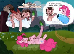 Size: 2374x1723 | Tagged: safe, artist:raven--splash, derpibooru import, pinkie pie, oc, earth pony, pegasus, pony, cupcake, dialogue, drug use, drugs, female, food, high, image, male, marijuana, party cannon, png, relaxing