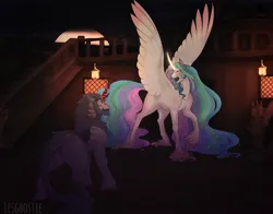 Size: 2800x2199 | Tagged: safe, artist:lesghostie, derpibooru import, princess celestia, oc, oc:captain alexander lockeheart, alicorn, kirin, pony, angry, cloven hooves, commission, duo, duo male and female, facial hair, female, glow, glowing horn, high res, hoof fluff, horn, image, kirin oc, large wings, long feather, long mane, long tail, male, mare, missing accessory, moustache, open mouth, png, ship, spread wings, tail, unshorn fetlocks, wings