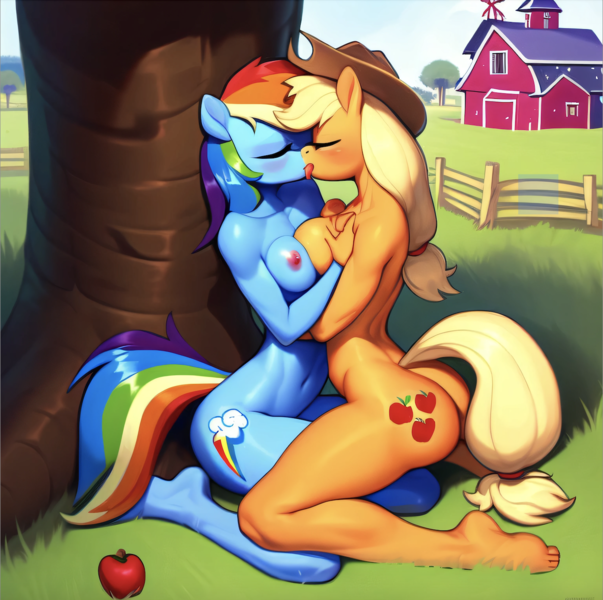 Size: 1420x1414 | Tagged: questionable, ai content, machine learning generated, stable diffusion, applejack, rainbow dash, anthro, earth pony, pegasus, appledash, breasts, busty applejack, busty rainbow dash, embracing, eyes closed, female, french kiss, image, in love, kissing, lesbian, lesbian couple, moaning, moaning in pleasure, nudity, png, seductive pose, sexy, shipping, sitting on knees, sweet apple acres, symmetrical docking