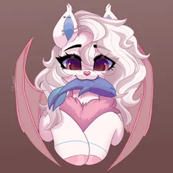 Size: 2000x2000 | Tagged: safe, artist:skyboundsiren, derpibooru import, oc, oc:kite, unofficial characters only, bat pony, fish, hybrid, bust, chest fluff, ear piercing, fangs, image, industrial piercing, piercing, png, portrait, redraw, signature, smiling, wings