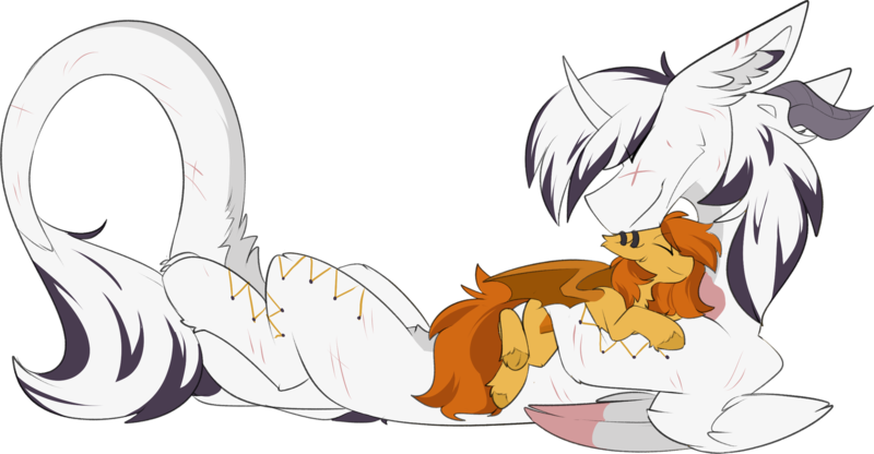 Size: 2597x1351 | Tagged: safe, artist:beardie, derpibooru import, oc, oc:pumpkin spice, oc:yiazmat, unofficial characters only, bat pony, draconequus, bat pony oc, bat wings, draconequus oc, duo, ear fluff, ear piercing, feathered wings, horn, horns, image, oc x oc, piercing, png, shipping, simple background, snuggling, tail, transparent background, wings