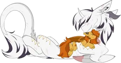 Size: 2597x1351 | Tagged: safe, artist:beardie, derpibooru import, oc, oc:pumpkin spice, oc:yiazmat, unofficial characters only, bat pony, draconequus, bat pony oc, bat wings, draconequus oc, duo, ear fluff, ear piercing, feathered wings, horn, horns, image, oc x oc, piercing, png, shipping, simple background, snuggling, tail, transparent background, wings