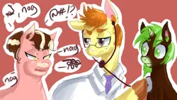 Size: 500x281 | Tagged: safe, artist:frostedminispooner, derpibooru import, oc, oc:chocomint, oc:neopolitan, oc:nursery rhyme, unofficial characters only, earth pony, pony, unicorn, ask nursery rhyme, glasses, image, male, png, stallion