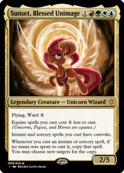 Size: 375x523 | Tagged: safe, artist:rocket-lawnchair, derpibooru import, edit, sunset shimmer, pony, unicorn, artificial wings, atg 2020, augmented, ccg, female, flying, g4, halo, image, magic, magic the gathering, magic wings, mare, newbie artist training grounds, png, smiling, solo, trading card, trading card edit, trading card game, wings