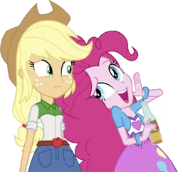 Size: 2613x2520 | Tagged: safe, derpibooru import, edit, edited screencap, editor:homersimpson1983, screencap, applejack, pinkie pie, human, equestria girls, apple cider, apple juice, background removed, belt, bracelet, breasts, bust, button-up shirt, clothes, cowboy hat, denim skirt, duo, duo female, eyebrows, female, freckles, hair, hand, hat, head tilt, holding, image, jewelry, juice, not a vector, open mouth, open smile, png, ponytail, raised eyebrow, shirt, skirt, smiling, talking, teenager, teeth, vest