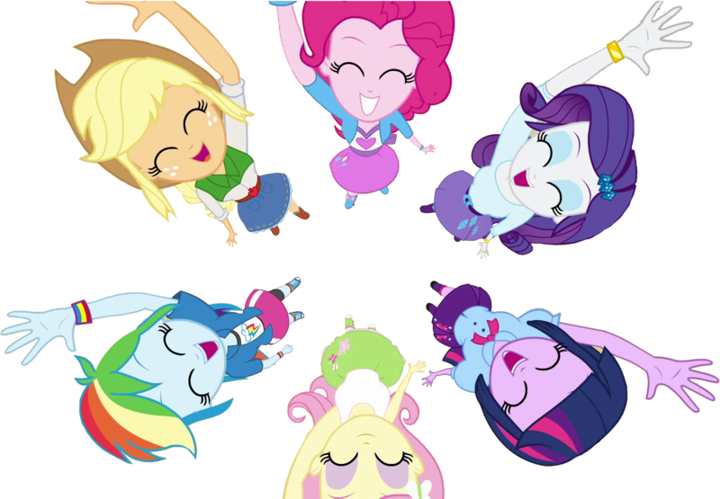 Size: 1559x1082 | Tagged: safe, derpibooru import, edit, edited screencap, editor:homersimpson1983, screencap, applejack, fluttershy, pinkie pie, rainbow dash, rarity, sci-twi, twilight sparkle, human, equestria girls, equestria girls (movie), background removed, cheering, eyes closed, female, g4, hands in the air, humane five, humane six, image, not a vector, overhead view, png, smiling