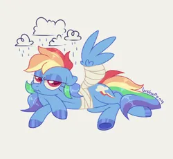 Size: 1920x1764 | Tagged: safe, artist:bishopony, derpibooru import, rainbow dash, pegasus, pony, bandage, bandaged wing, cloud, crossed hooves, female, floppy ears, frown, g4, grumpy, image, lidded eyes, looking at you, lying down, mare, one wing out, png, prone, rain, scrunchy face, simple background, solo, white background, wings