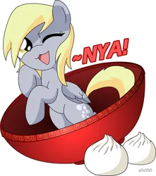 Size: 884x1000 | Tagged: safe, artist:alfa995, derpibooru import, derpy hooves, pegasus, pony, 2013, animated, anime style, artifact, bipedal, bowl, cute, daaaaaaaaaaaw, derpabetes, dumplings, female, food, g4, happy, hnnng, image, jpeg, link in description, looking at you, mare, nostalgia, nya, old art, shipping, smiling, smiling at you, weapons-grade cute, youtube link