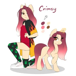 Size: 3544x3543 | Tagged: safe, artist:katputze, derpibooru import, oc, oc:crimson sunset, unofficial characters only, anthro, plantigrade anthro, pony, unicorn, anthro ponidox, clothes, color palette, dress, duo, eye clipping through hair, eyebrows, eyebrows visible through hair, female, hair over one eye, image, jacket, jpeg, kneeling, looking at you, mare, no tail, self ponidox, simple background, smiling, smiling at you, socks, stockings, thigh highs, white background