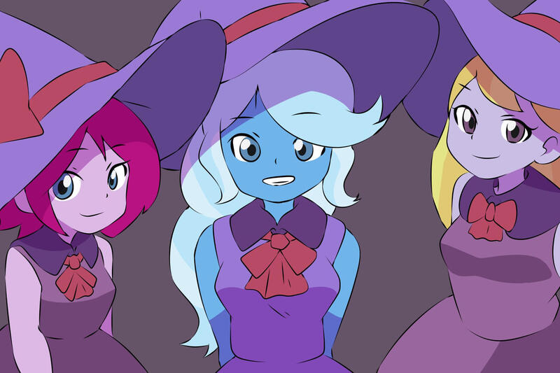 Size: 1280x853 | Tagged: safe, artist:strugetdraw, derpibooru import, fuchsia blush, lavender lace, trixie, equestria girls, bow, grin, hat, image, jpeg, looking at you, smiling, trixie and the illusions, witch hat