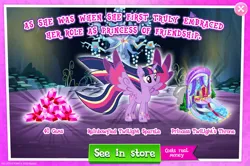 Size: 1960x1300 | Tagged: safe, derpibooru import, official, twilight sparkle, twilight sparkle (alicorn), alicorn, pony, advertisement, bush, costs real money, english, female, g4, gameloft, gem, horn, image, jpeg, mare, mobile game, my little pony: magic princess, numbers, rainbow power, rainbow power-ified, spread wings, text, throne, wings