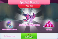 Size: 1268x854 | Tagged: safe, derpibooru import, official, twilight sparkle, twilight sparkle (alicorn), alicorn, pony, bundle, bush, costs real money, english, female, g4, gameloft, gem, horn, image, jpeg, mare, mobile game, my little pony: magic princess, numbers, rainbow power, rainbow power-ified, spread wings, text, throne, wings