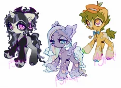 Size: 2048x1486 | Tagged: safe, artist:p0nyplanet, derpibooru import, oc, unofficial characters only, earth pony, pegasus, pony, unicorn, adoptable, bowtie, cap, clothes, ear piercing, earring, female, hat, image, jewelry, jpeg, mare, necklace, piercing, shirt, simple background, starry eyes, trio, white background, wingding eyes