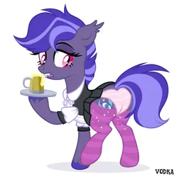 Size: 4500x4524 | Tagged: suggestive, artist:c1trine, artist:zakypo, derpibooru import, oc, oc:night watch, unofficial characters only, bat pony, pony, base used, bat pony oc, bat wings, butt, cider, cider mug, clothes, commission, dress, fangs, female, image, maid, mare, mug, open mouth, panties, plot, png, raised hoof, raised leg, simple background, socks, solo, solo female, striped socks, striped underwear, tray, underwear, unshorn fetlocks, white background, wingless, wings, ych result