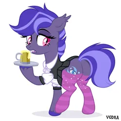 Size: 4500x4524 | Tagged: suggestive, alternate version, artist:c1trine, artist:zakypo, derpibooru import, oc, oc:night watch, unofficial characters only, bat pony, pony, base used, bat pony oc, bat wings, butt, cider, cider mug, clothes, commission, derpibooru exclusive, dress, fangs, female, image, maid, mare, mug, open mouth, plot, png, raised hoof, raised leg, simple background, socks, solo, solo female, striped socks, tray, unshorn fetlocks, white background, wingless, wings, ych result