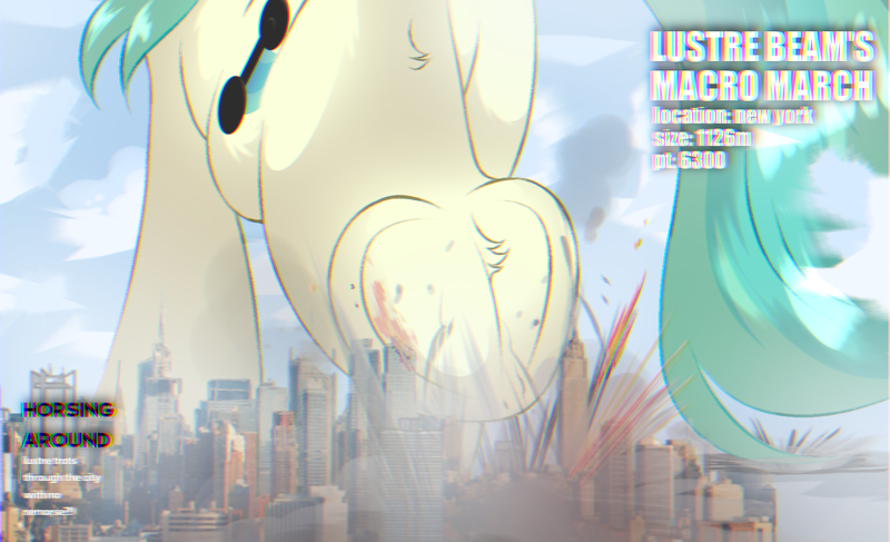 Size: 1588x966 | Tagged: grimdark, artist:lustrebeam, derpibooru import, oc, oc:lustrebeam, pony, butt, cutie mark, explosion, female, giant pony, giantess, hooves, image, macro, magazine cover, new york, new york city, png, tail, water