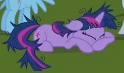 Size: 393x233 | Tagged: safe, derpibooru import, screencap, rainbow dash, twilight sparkle, pegasus, pony, unicorn, lesson zero, season 2, cropped, female, floppy ears, g4, hiding face, image, lying down, mare, messy hair, messy mane, messy tail, offscreen character, png, prone, solo focus, tail, unicorn twilight