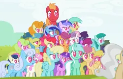 Size: 847x546 | Tagged: safe, derpibooru import, screencap, amethyst star, apple bloom, berry punch, berryshine, big macintosh, bon bon, carrot top, cherry berry, daisy, dizzy twister, flower wishes, golden harvest, lemon hearts, linky, lyra heartstrings, mayor mare, minuette, orange swirl, sassaflash, scootaloo, sea swirl, seafoam, shoeshine, spring melody, sprinkle medley, sunshower raindrops, sweetie belle, sweetie drops, earth pony, pegasus, pony, unicorn, background pony, cropped, cutie mark crusaders, female, filly, foal, folded wings, freckles, heart, heart eyes, image, looking at someone, male, mare, multeity, offscreen character, png, stallion, want it need it, wingding eyes, wings