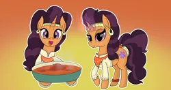 Size: 4096x2160 | Tagged: safe, artist:suryfromheaven, derpibooru import, saffron masala, pony, unicorn, curry, food, gold, gradient background, happy, image, indian, jewelry, looking at you, neckerchief, png, solo