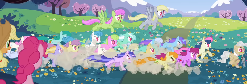 Size: 1347x461 | Tagged: safe, derpibooru import, screencap, applejack, ballad, berry punch, berryshine, bon bon, carrot top, daisy, derpy hooves, flower wishes, golden harvest, linked hearts, linky, lyra heartstrings, mayor mare, merry may, orchid dew, pinkie pie, sassaflash, sea swirl, seafoam, shoeshine, smarty pants, sweetie drops, twinkleshine, unnamed character, unnamed pony, earth pony, pegasus, pony, unicorn, animation error, cropped, doll, dust cloud, earth pony twinkleshine, female, flower, flying, galloping, image, mare, missing horn, multeity, png, running, toy, tree, wingless, wrong hairstyle