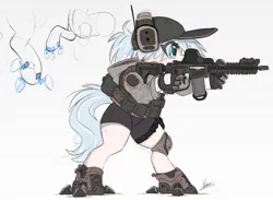 Size: 1200x880 | Tagged: safe, artist:ncmares, derpibooru import, oc, unofficial characters only, earth pony, pony, aiming, artificial hands, assault rifle, baseball cap, bipedal, boots, cap, clothes, ear protection, earmuffs, female, gun, hat, image, jacket, jpeg, knee pads, mare, plate carrier, rifle, shoes, shorts, simple background, soldier, solo, tactical vest, weapon