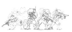 Size: 1200x528 | Tagged: safe, artist:ncmares, derpibooru import, oc, unofficial characters only, earth pony, pony, aiming, assault rifle, bandage, baseball cap, bipedal, black and white, boots, cap, clothes, earmuffs, female, grayscale, gun, hat, image, jpeg, mare, monochrome, rifle, shoes, sketch, sniper rifle, soldier, tactical vest, weapon