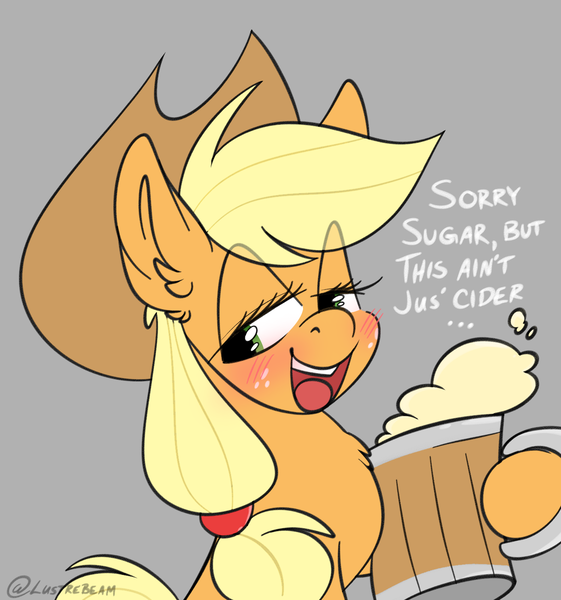 Size: 1368x1463 | Tagged: suggestive, artist:lustrebeam, derpibooru import, applejack, earth pony, alcohol, beer, blushing, bubble, chest fluff, chibi, cider, cup, drink, drunk, drunk aj, ear fluff, eyelashes, food, freckles, g4, gray background, green eyes, image, orange, png, simple background, vulgar