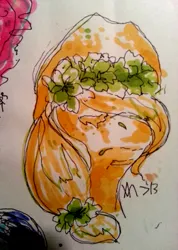 Size: 500x702 | Tagged: safe, artist:swollenbabyfat, derpibooru import, applejack, earth pony, pony, applejack's hat, bust, cowboy hat, female, floral head wreath, flower, hat, image, jpeg, mare, solo, traditional art