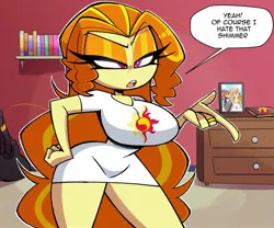 Size: 2048x1703 | Tagged: suggestive, artist:nelljoestar, derpibooru import, adagio dazzle, sunset shimmer, human, big breasts, blatant lies, breasts, busty adagio dazzle, clothes, cutie mark, cutie mark on clothes, dialogue, dress, eyeshadow, female, hand on hip, humanized, image, indoors, jewelry, jpeg, lesbian, lidded eyes, makeup, picture, ring, shirt, speech bubble, suit, thighs, tsundere, wedding dress, wedding ring