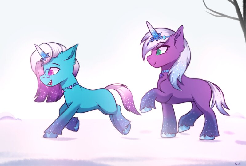 Size: 2048x1388 | Tagged: safe, artist:maxi_ponie, derpibooru import, pony, g5, auroricorn, comet (g5), concave belly, duo, female, image, jewelry, jpeg, male, mare, necklace, snow, stallion, violet frost