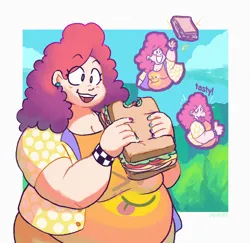 Size: 1049x1019 | Tagged: safe, artist:punkittdev, derpibooru import, pinkie pie, human, bbw, bite mark, breasts, busty pinkie pie, cleavage, fat, female, food, grin, humanized, image, jpeg, light skin, obese, one eye closed, open mouth, open smile, piggy pie, pudgy pie, sandwich, smiling, solo, thumbs up, tongue out