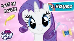 Size: 1280x720 | Tagged: safe, derpibooru import, screencap, rarity, pony, unicorn, a dog and pony show, season 1, cute, english, female, g4, image, jpeg, looking at you, mare, my little pony logo, needle, raribetes, smiling, smiling at you, solo, tape, text, thread, thumbnail