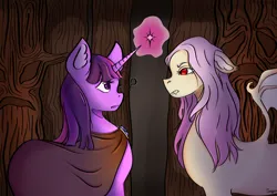 Size: 2048x1452 | Tagged: safe, artist:sages-demise, derpibooru import, fluttershy, twilight sparkle, bat pony, pony, unicorn, bat ponified, cloak, clothes, duo, female, flutterbat, glow, glowing horn, horn, image, looking at each other, looking at someone, magic, mare, png, question mark, race swap, unicorn twilight