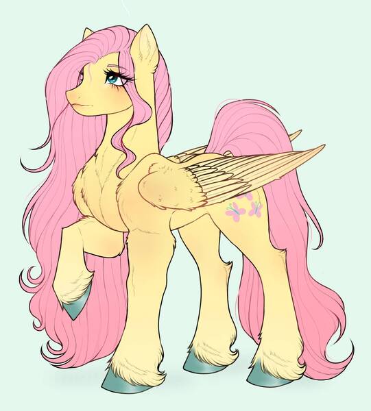 Size: 1611x1786 | Tagged: safe, artist:mayka-7, derpibooru import, fluttershy, pegasus, pony, colored hooves, concave belly, female, folded wings, image, jpeg, mare, raised hoof, redesign, simple background, solo, unshorn fetlocks, white background, wings